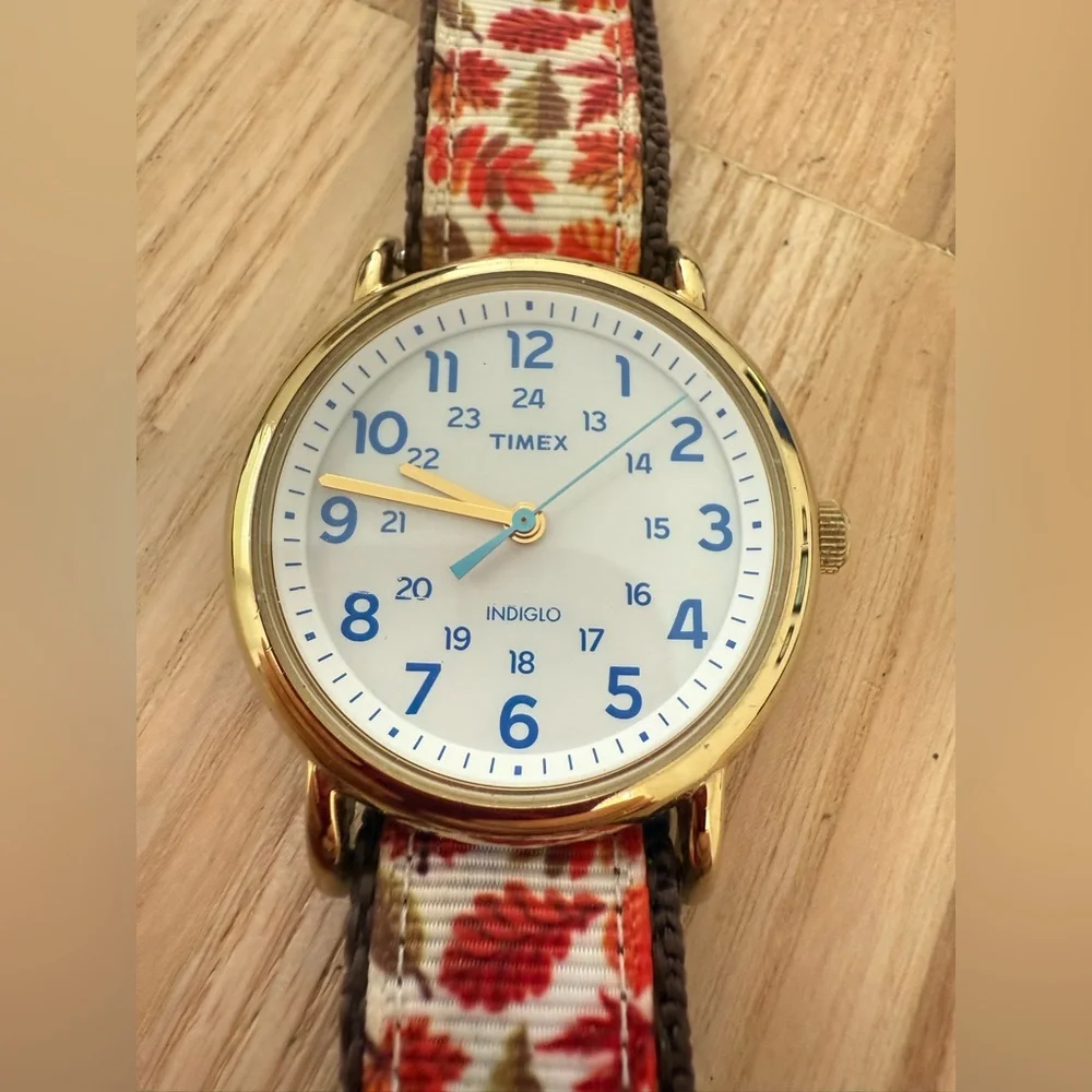Timex weekender gold tone autumn leaves nylon strap watch NEW BATTERY